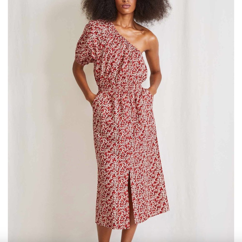 Apiece Apart One-Shoulder Floral Midi Dress in Red and White, size Small.